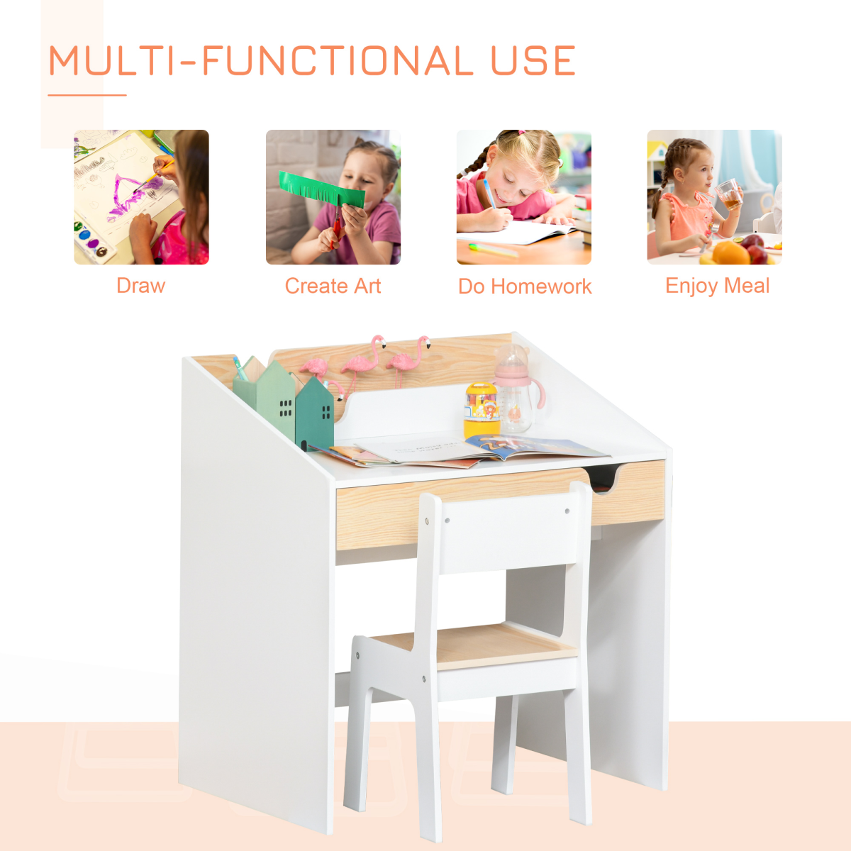 Two-Piece Kids Desk and Chair Set with Drawer and Shelf – MDF Children's Study Table with Storage for Ages 3–6