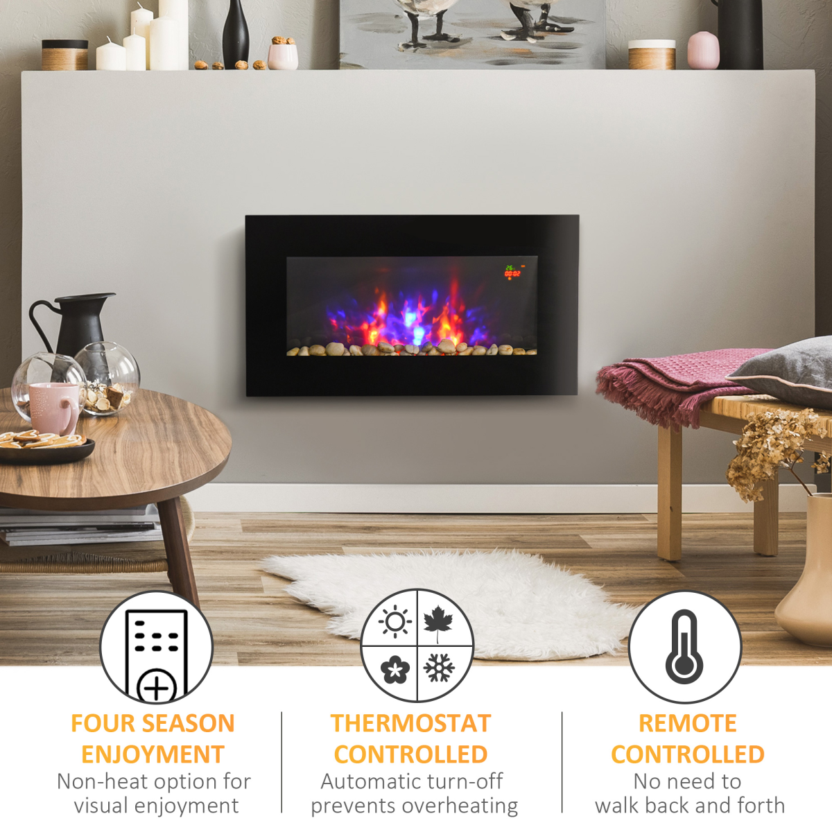 HOMCOM 1000W Wall Mounted Electric Fireplace Heater with Tempered Glass, LED Flame Effect & Remote – Black