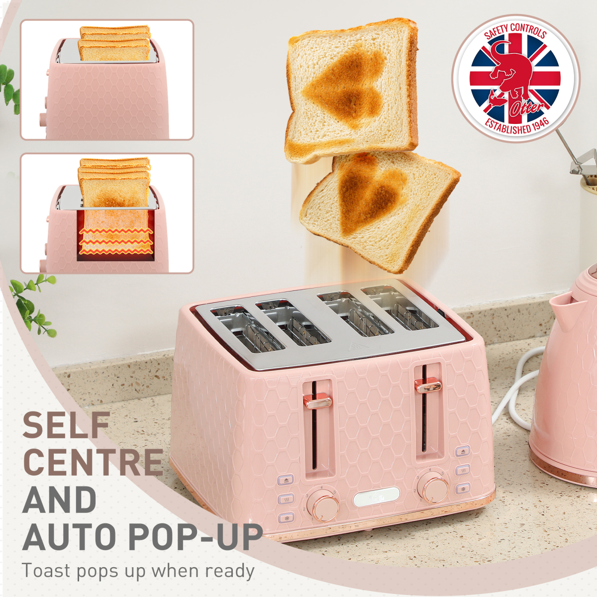 Kettle and 4-Slice Toaster Set with 1.7L Fast Boil Kettle & 7 Browning Levels – Pebbled Design, Light Pink