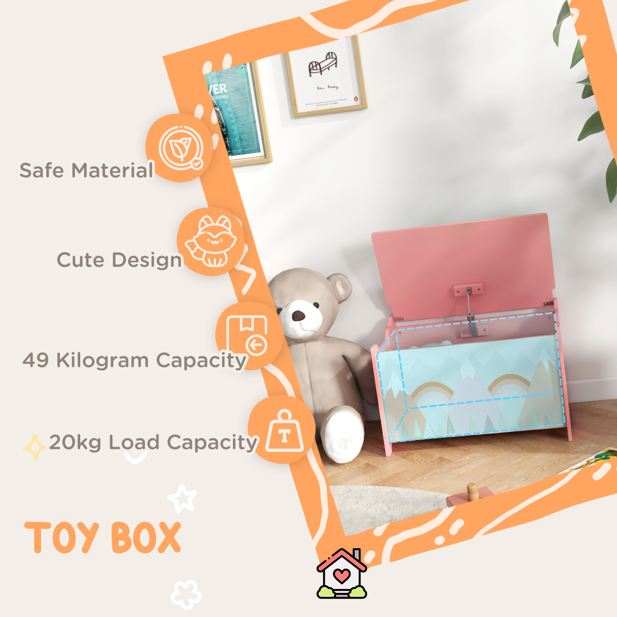 ZONEKIZ Toy Box, Kids Toy Chest with Lid and Safety Hinge – Rounded Corners Storage for Bedrooms & Playrooms, Pink