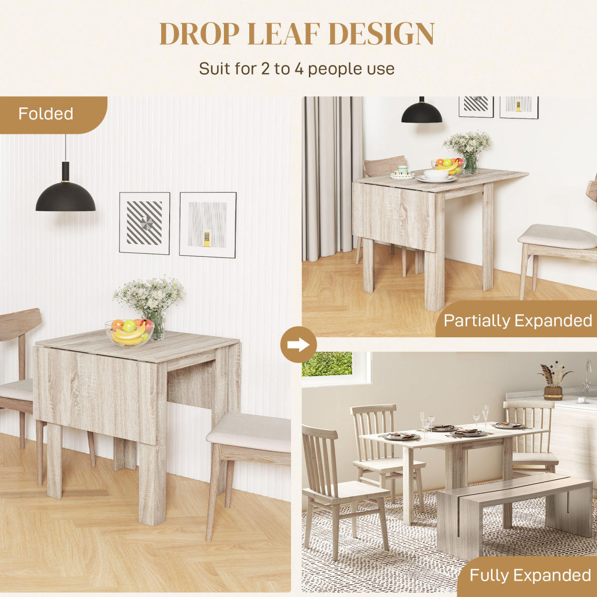 HOMCOM Extendable Folding Drop Leaf Dining Table – Space-Saving Table for 2–4 Seats