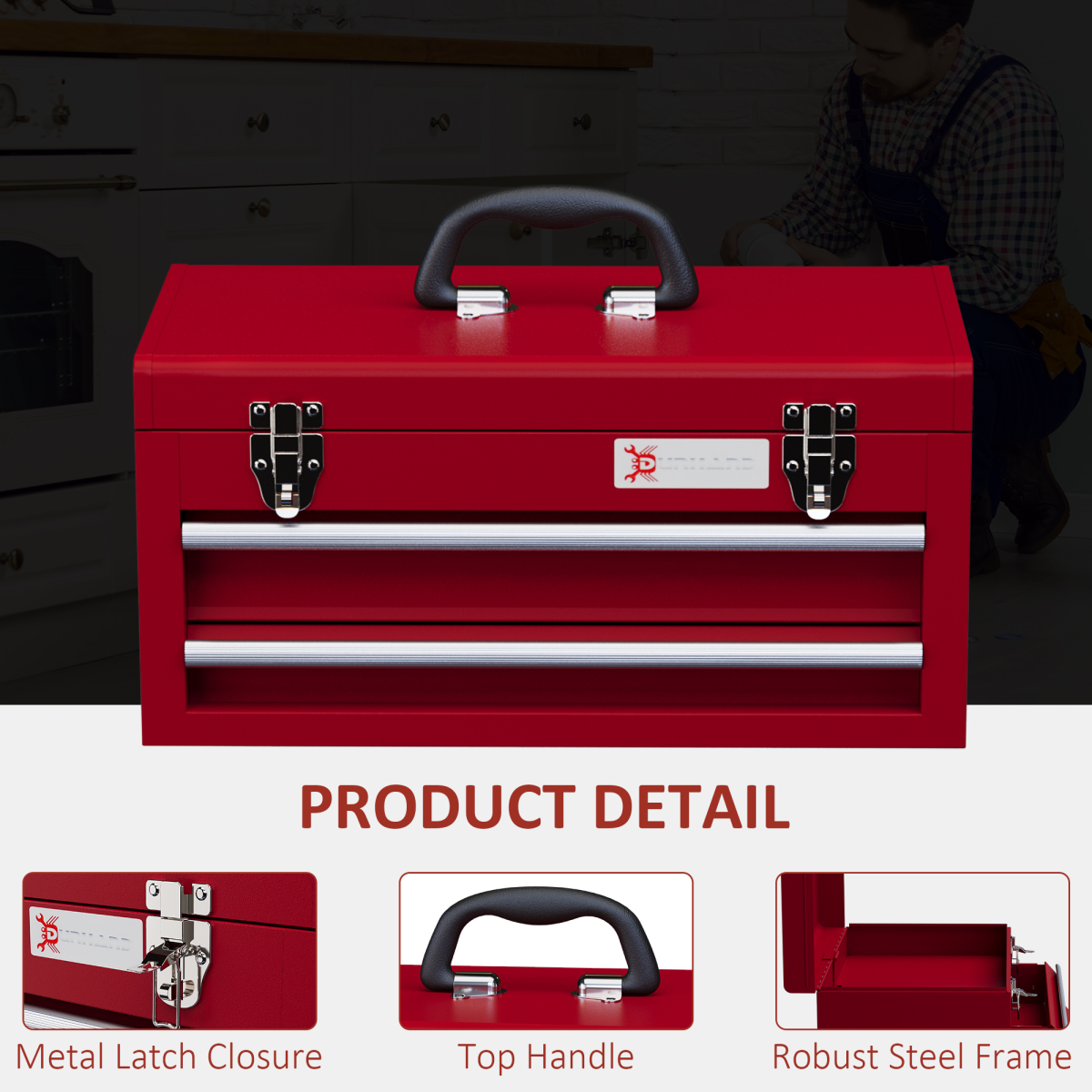 DURHAND Lockable 2 Drawer Steel Tool Chest with Ball Bearing Slides and Top Compartment – DIY Storage, Red