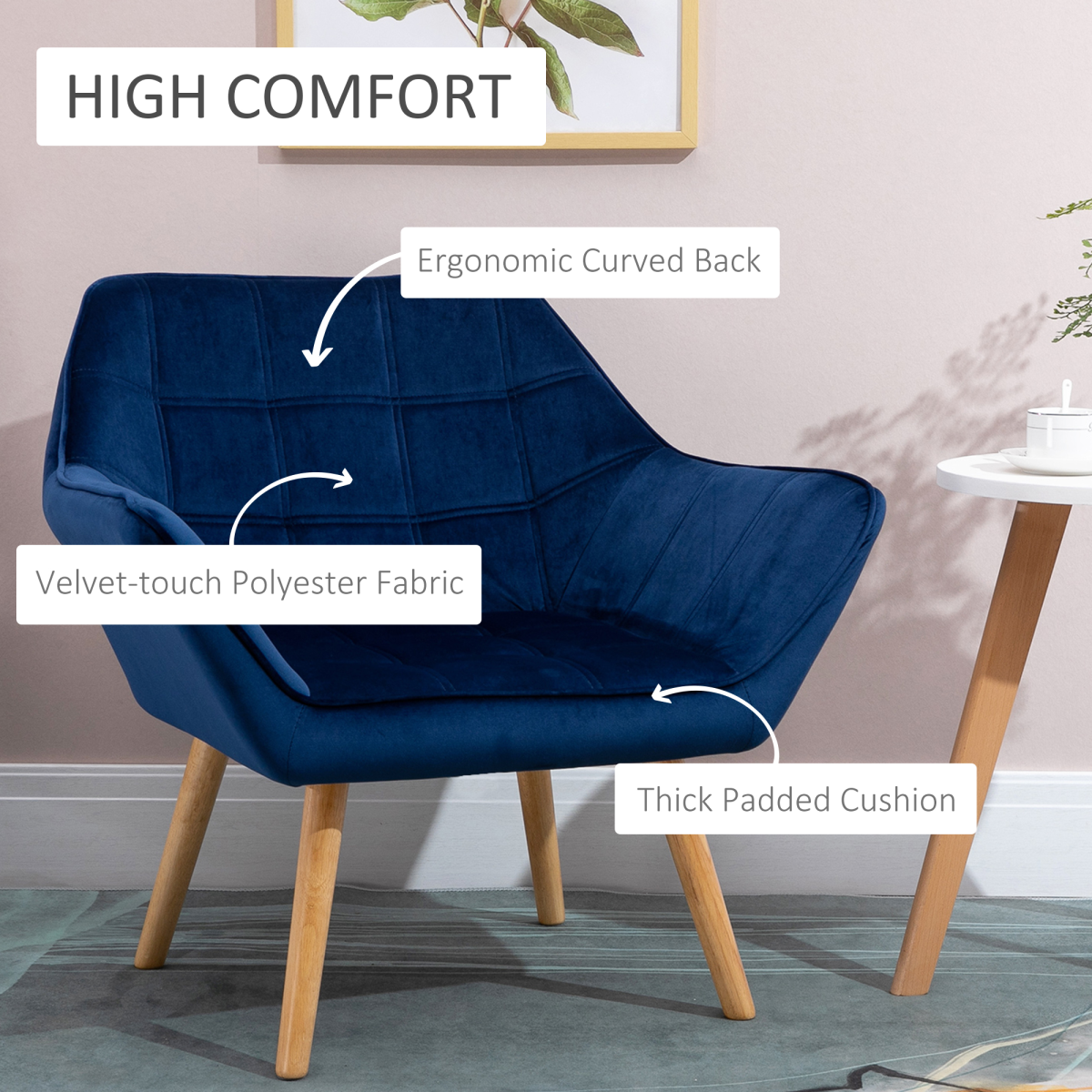 Luxe Velvet-Feel Accent Tub Chair with Wide Arms & Solid Wood Legs – Living Room Armchair, Blue