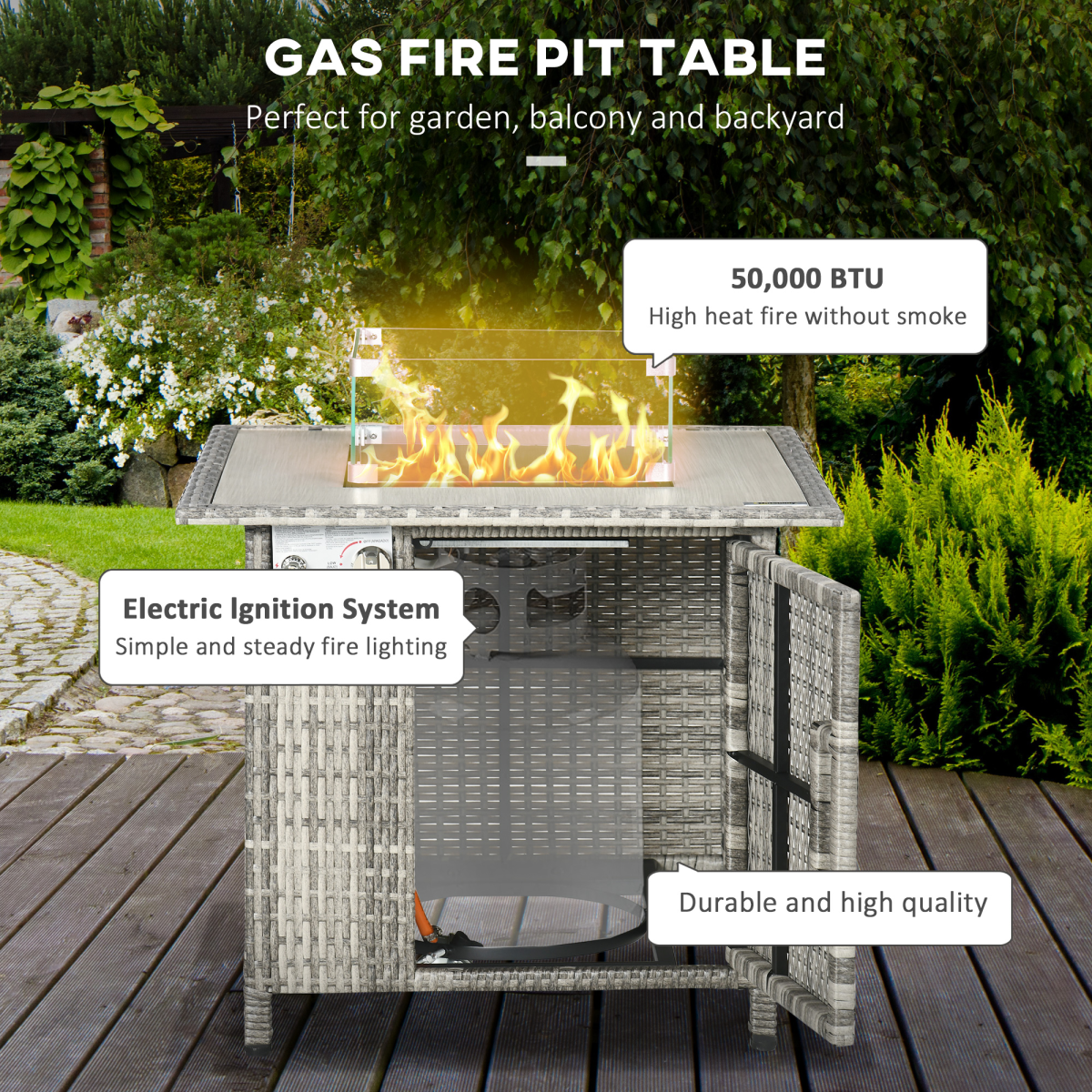 Outsunny 50,000 BTU Gas Fire Pit Table with Rain Cover, Windscreen & Lava Stone – Rattan Outdoor Dining and Heater