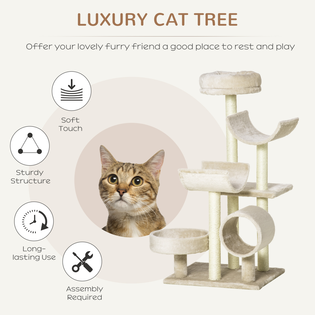 Pawhut Multi-Level Large Cat Tree with Sisal Scratching Posts, Perches and Tunnel – Play Centre, Beige