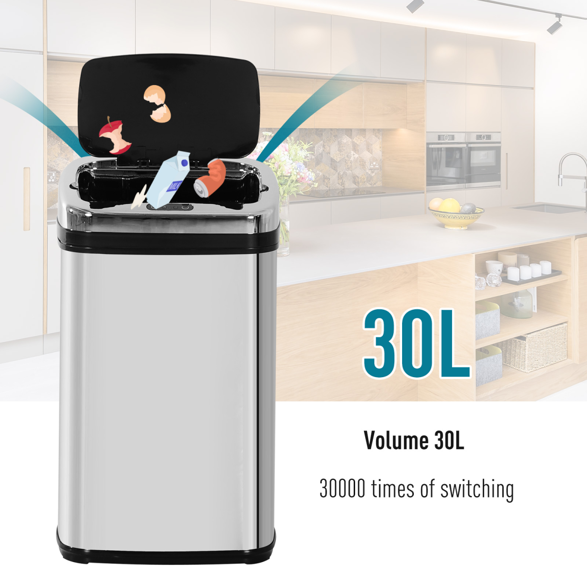 HOMCOM 30L Automatic Sensor Kitchen Bin with Lid – Hands-Free Infrared Motion Bin, Silver