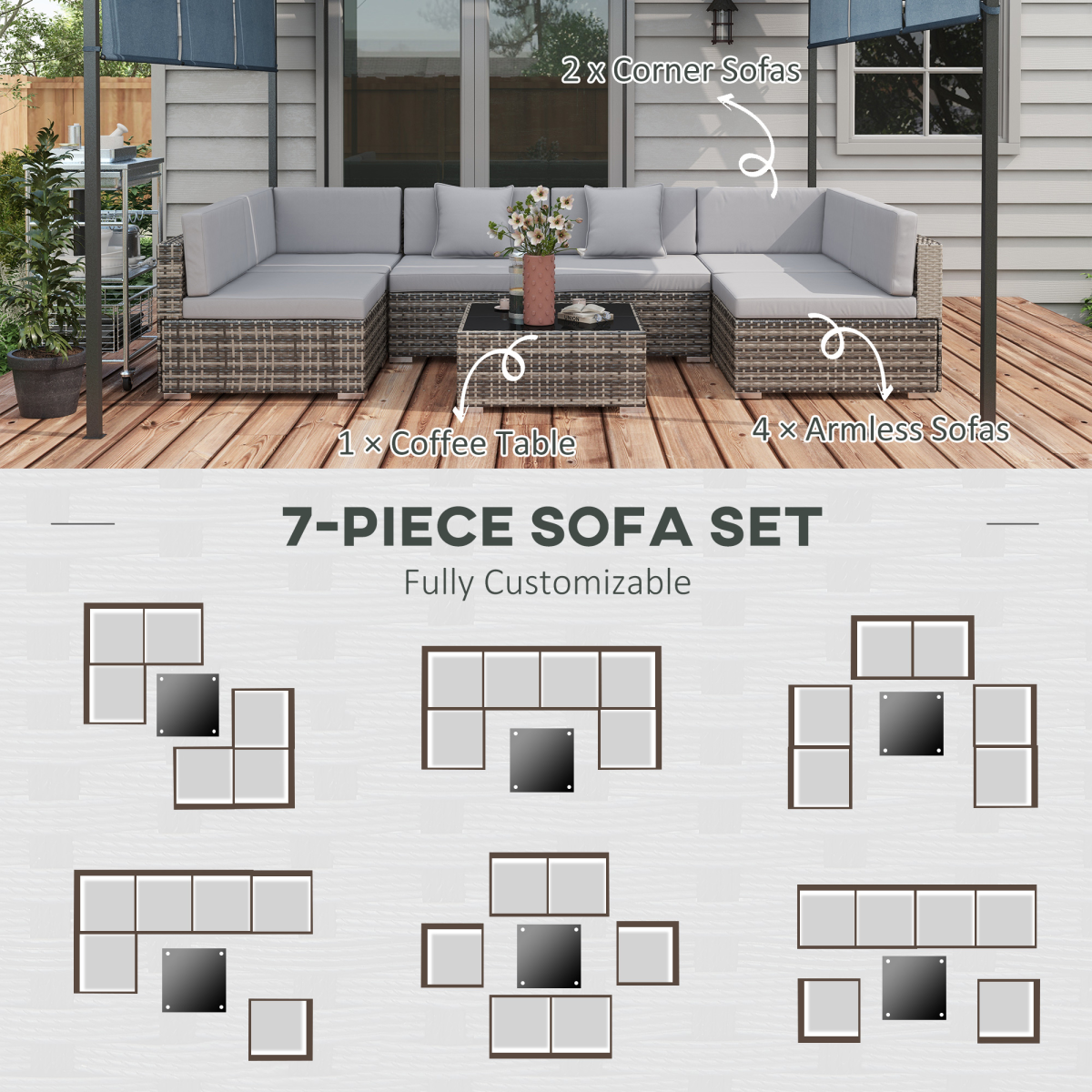 Outsunny 7-Piece Rattan Garden Furniture Set with Cushioned Sofas & Tempered Glass Coffee Table, Grey