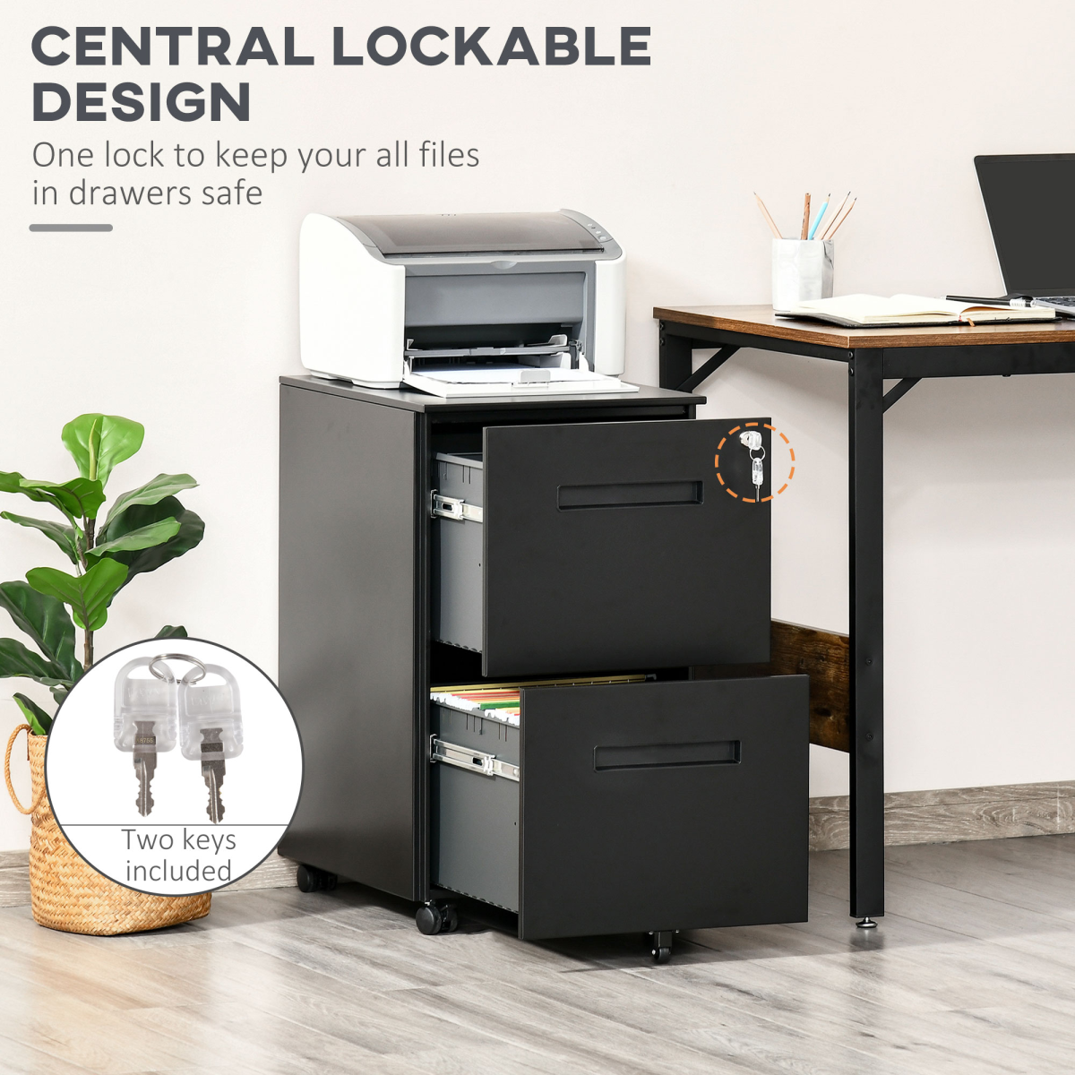 Vinsetto Mobile Lockable File Cabinet with Hanging File Rails & Partition – Under-Desk Storage, Black