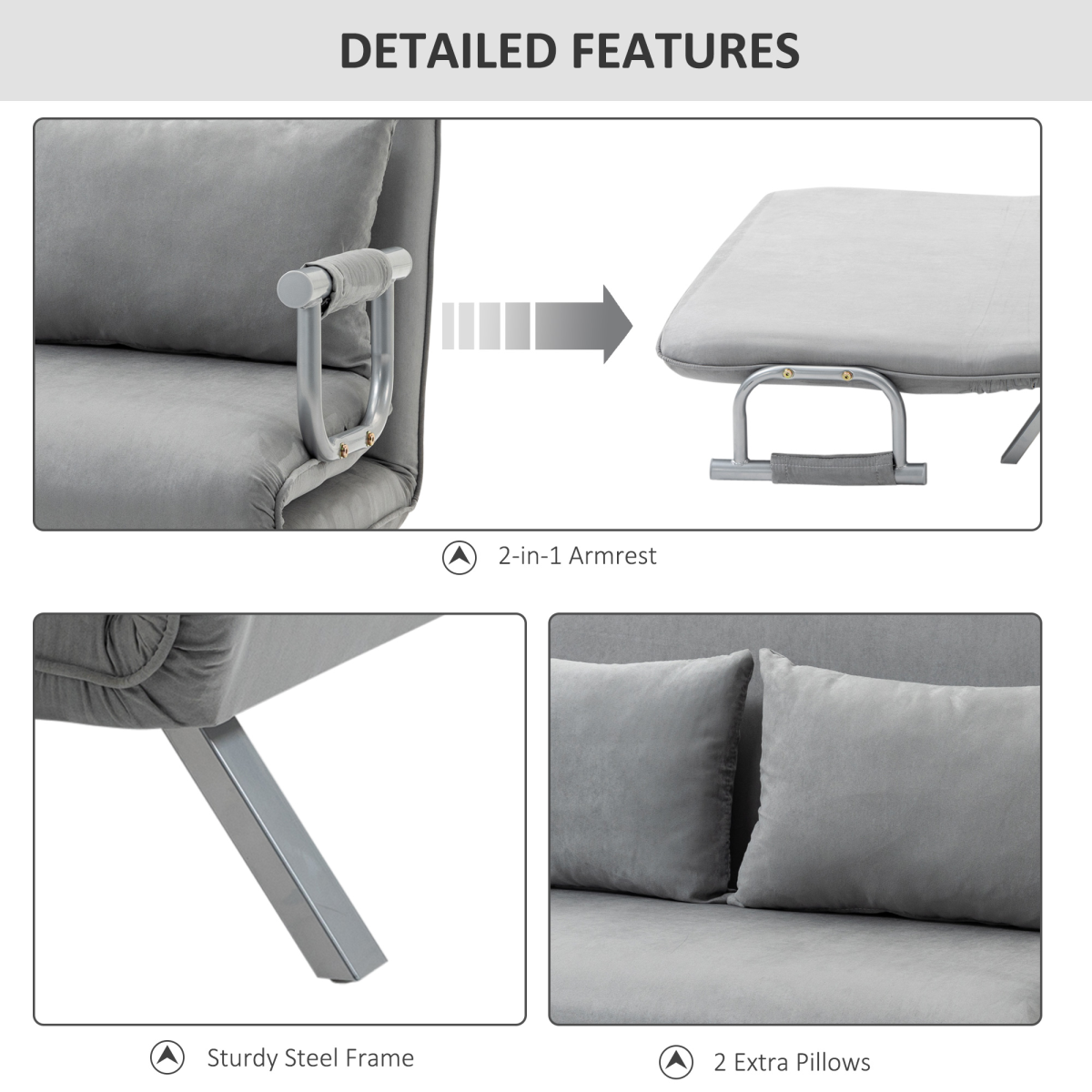 HOMCOM Fabric Click-Clack 2 Seater Sofa Bed with 2 Pillows – Converts to Double Bed, Light Grey