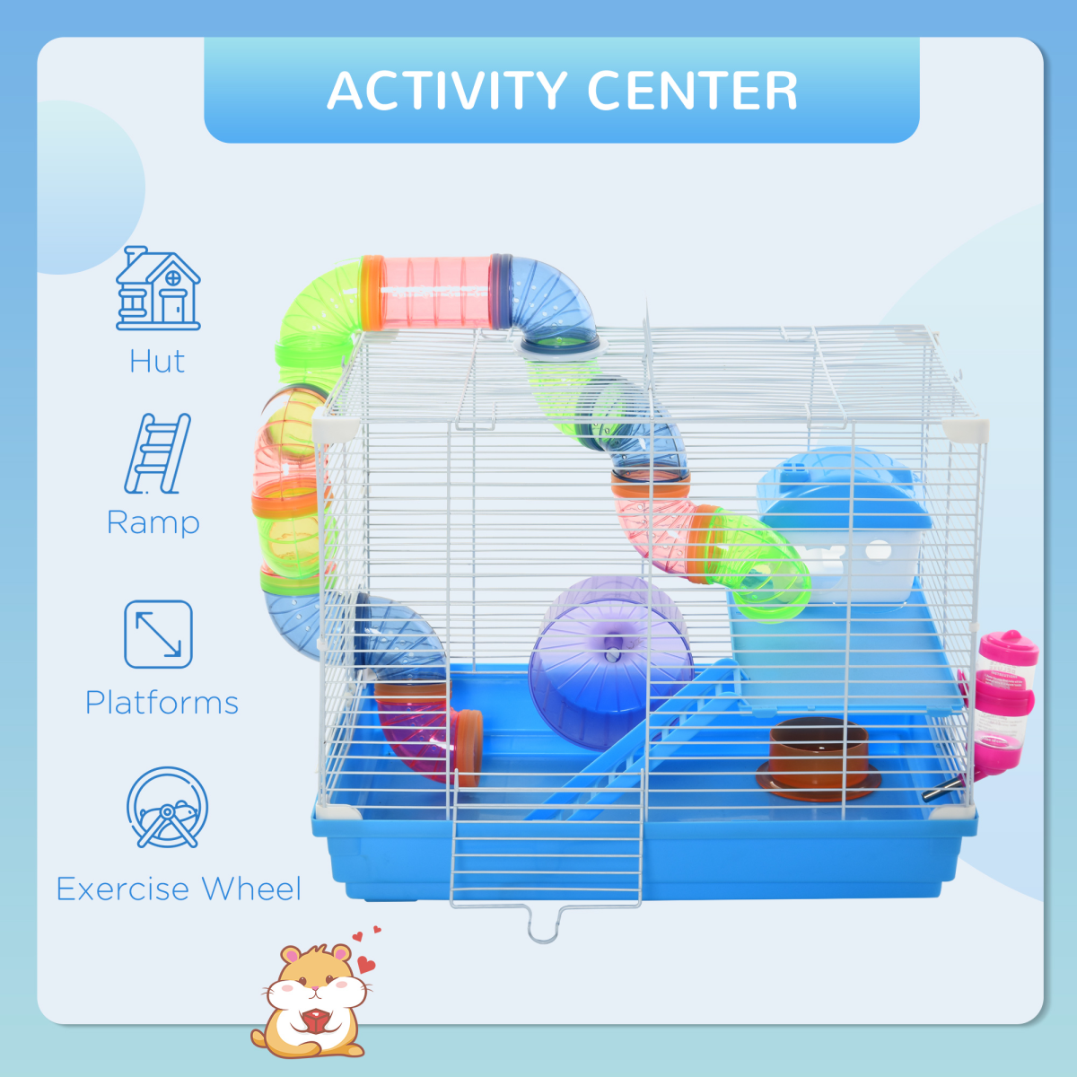 PawHut Hamster Cage Carrier with Exercise Wheel and Tunnel Tube – Small Animal House for Hamsters and Gerbils