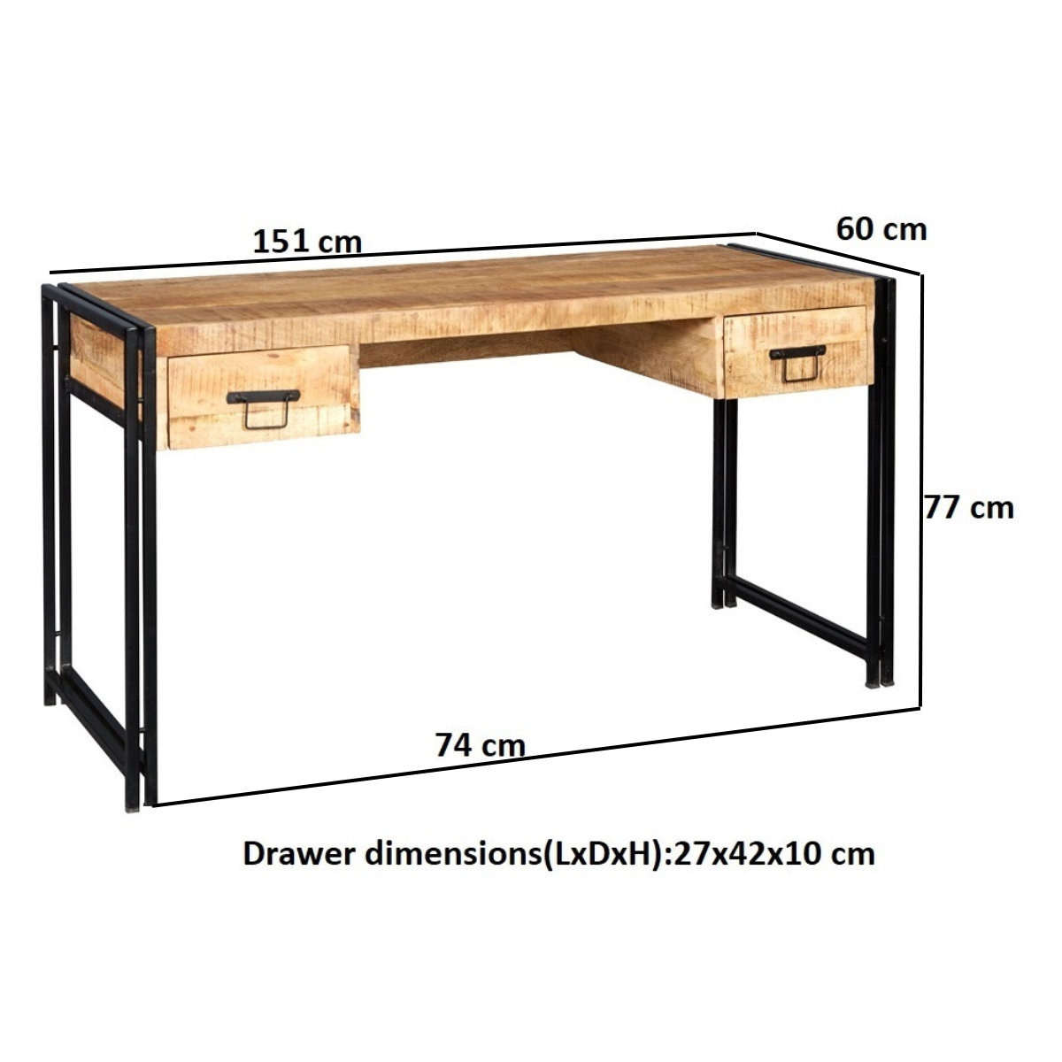 Cosmo Industrial Desk with Spacious Work Surface – Solid Mango Wood & Reclaimed Metal Home Office Desk