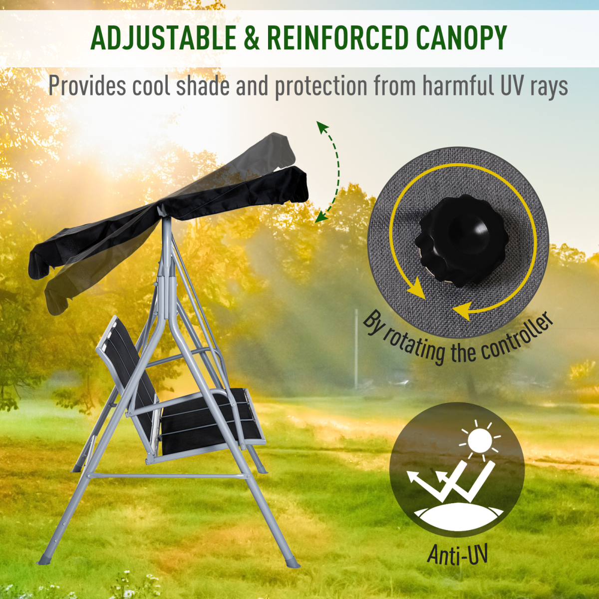 Outsunny 3-Seater Outdoor Swing Chair with UV-Protected Canopy, Metal Frame – Garden Patio, Black