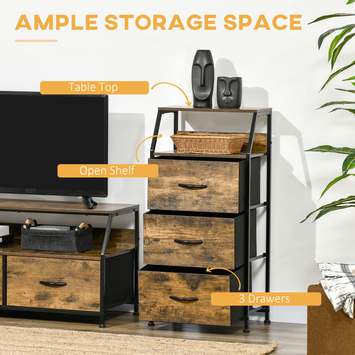 HOMCOM Industrial 3-Drawer Storage Cabinet with Display Shelves – Metal Frame, Wood-Effect Finish