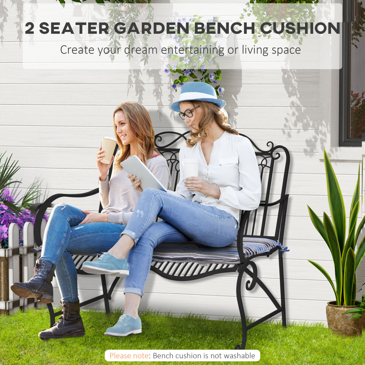 2 Piece Striped Patio Bench Swing Chair Cushion Set, 120 x 50cm – Double Seat Garden Cushions, Blue