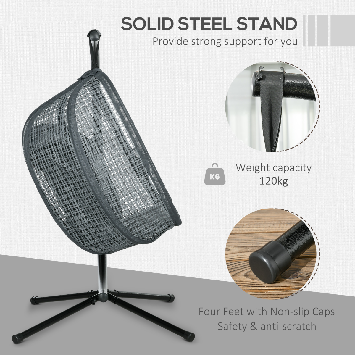 Outsunny Hanging Swing Chair with Thick Cushion, Steel Frame & Breathable Mesh – Patio Chair, Dark Grey
