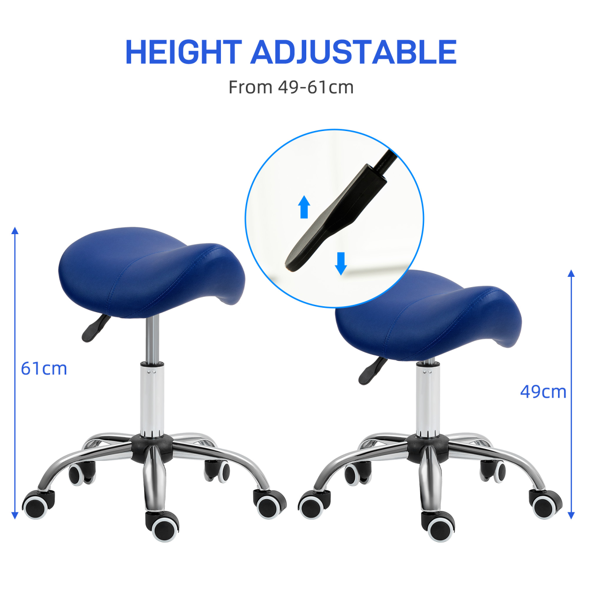 HOMCOM PU Leather Saddle Stool with Moulded Padded Seat – Height Adjustable Salon Chair, Dark Blue
