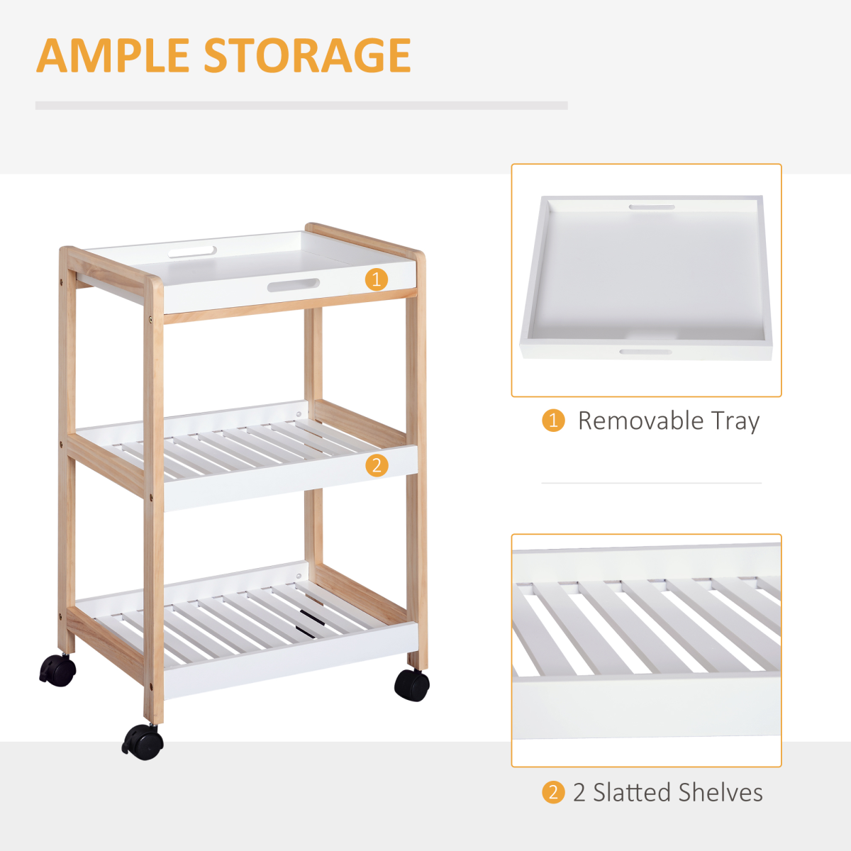 HOMCOM 3-Tier Bamboo Kitchen Serving Trolley on Wheels – Mobile Storage with Push Handle