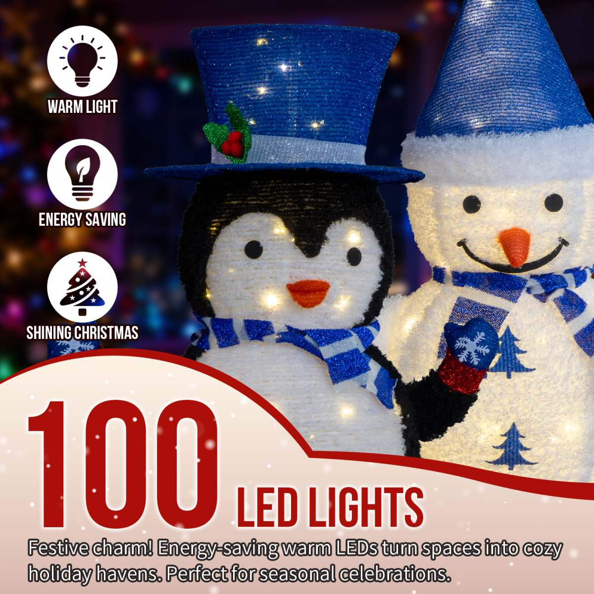 Set of 2 Lighted Plush Penguin and Snowman Christmas Decorations with 100 Warm White Lights – Indoor & Outdoor