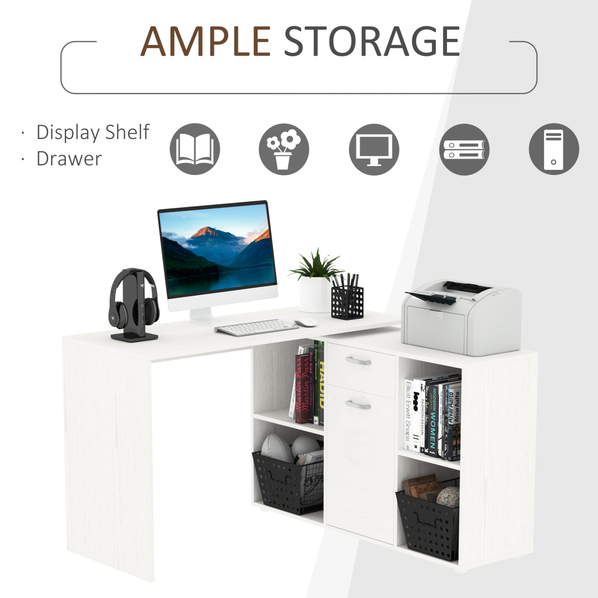 HOMCOM Large Adjustable L-Shaped Computer Desk with Rotating Shelf – Dual-Use Home Office Workstation