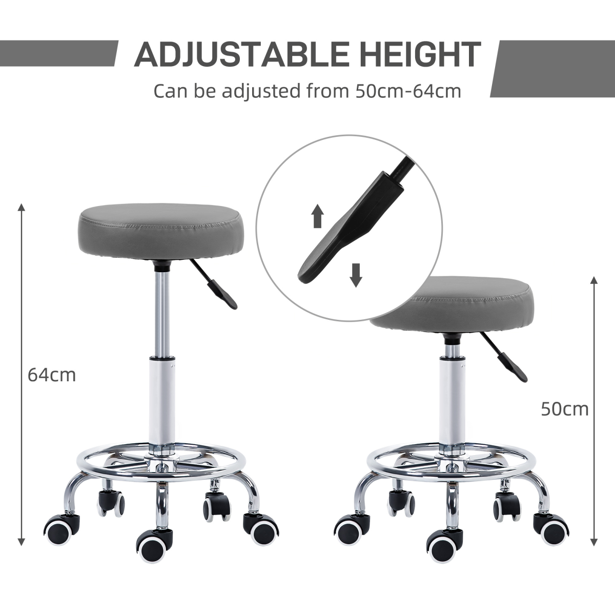 Vinsetto Round PU Leather Salon Stool with Footrest and Adjustable Height – 5 Wheels, Backless Design, Grey