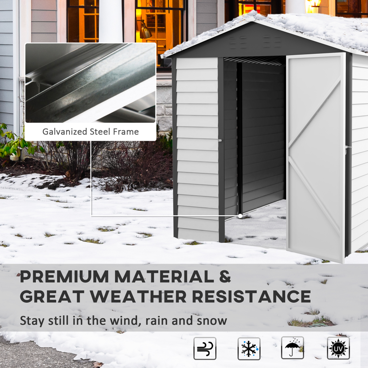 Outsunny 9 x 6ft Galvanised Metal Garden Shed with Lockable Door and Window – Tool Storage, Grey and White
