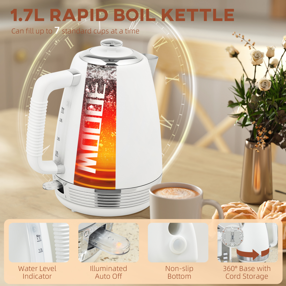 Kettle and 4-Slice Toaster Set, 1.7L 3000W Stainless Steel Kettle, White and Silver