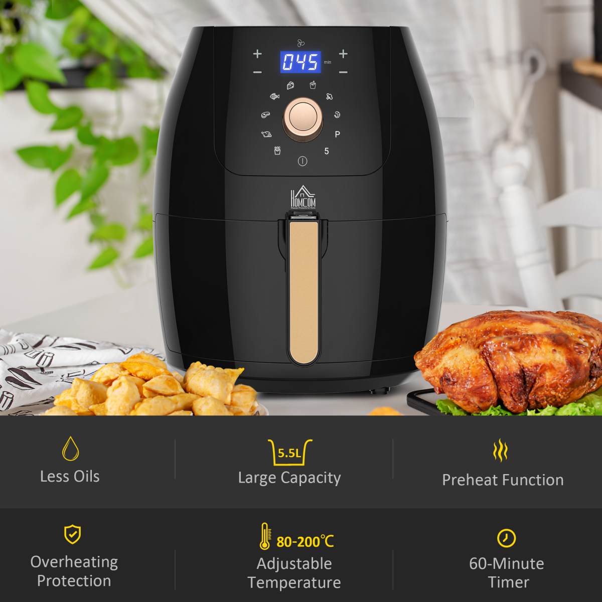 HOMCOM 5.5L Air Fryer 1700W with Digital Display & Adjustable Temperature – 8 Cooking Programmes