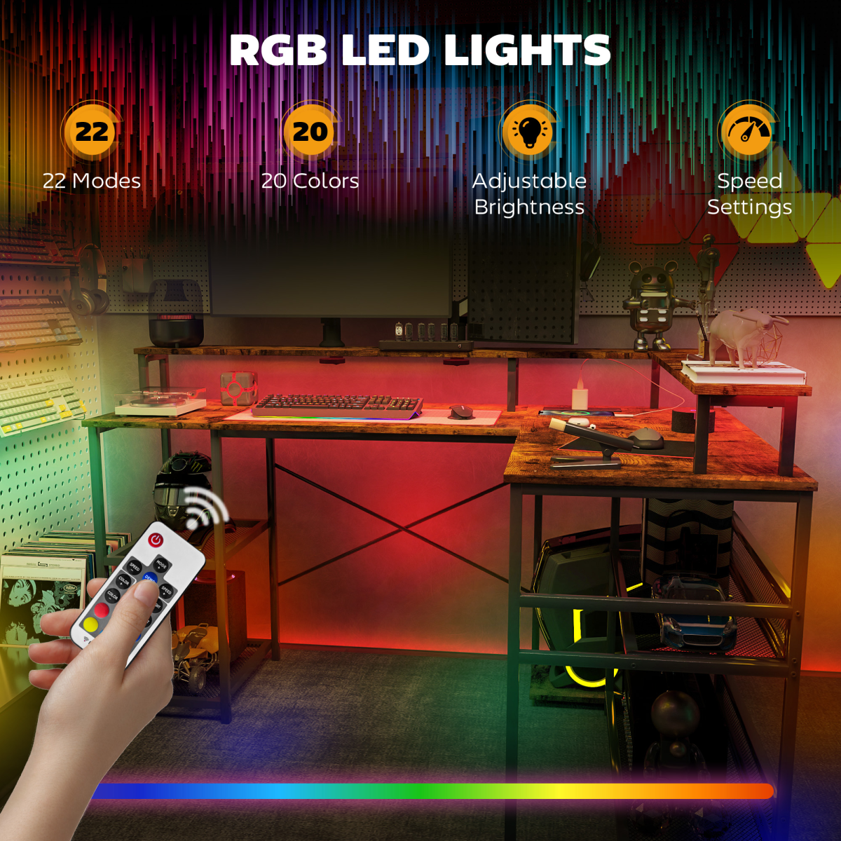 HOMCOM L-Shaped Gaming Desk with RGB LED Lights & Power Outlets – Corner Computer Desk