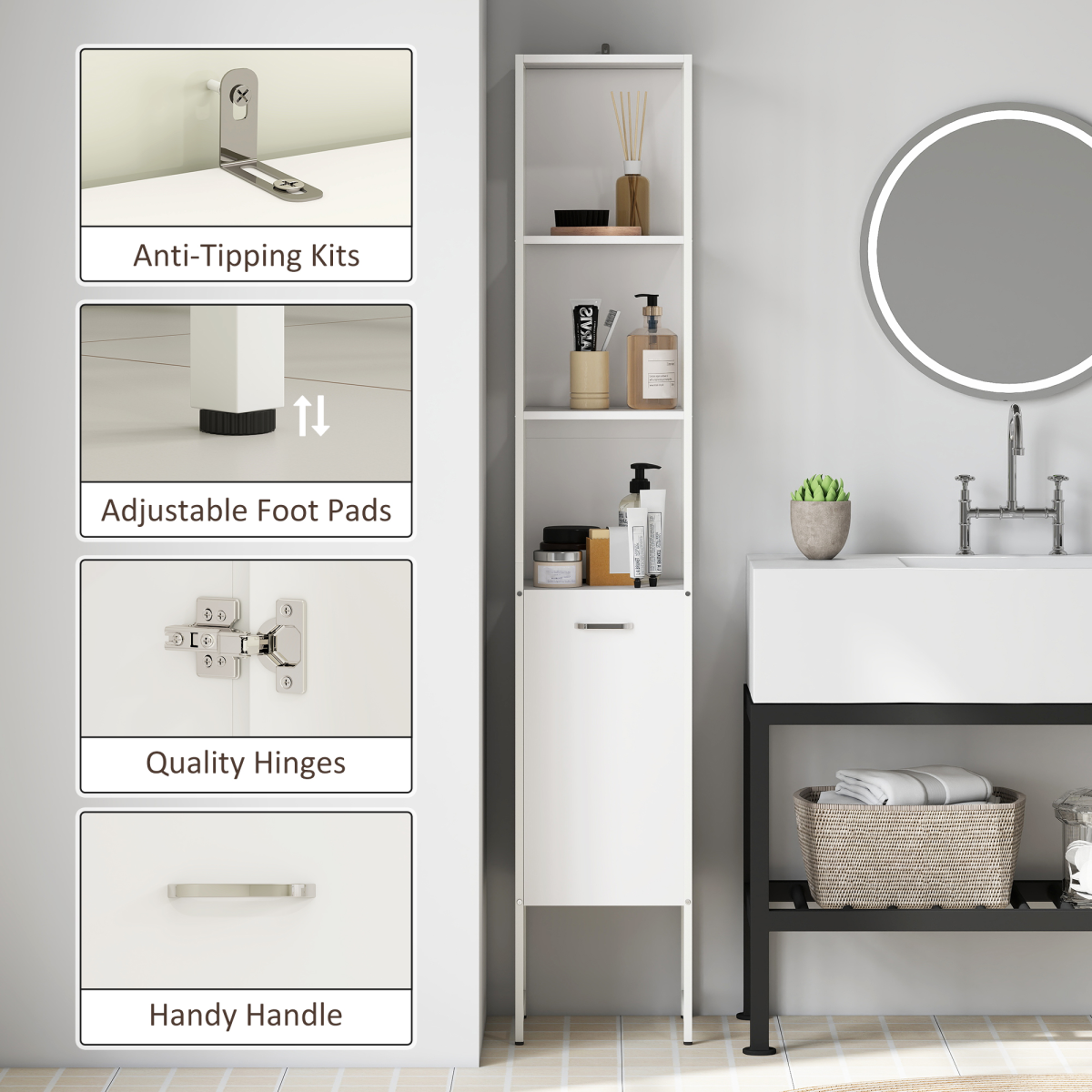 White Bathroom Storage Cabinet with Open & Closed Compartments – Freestanding Organiser