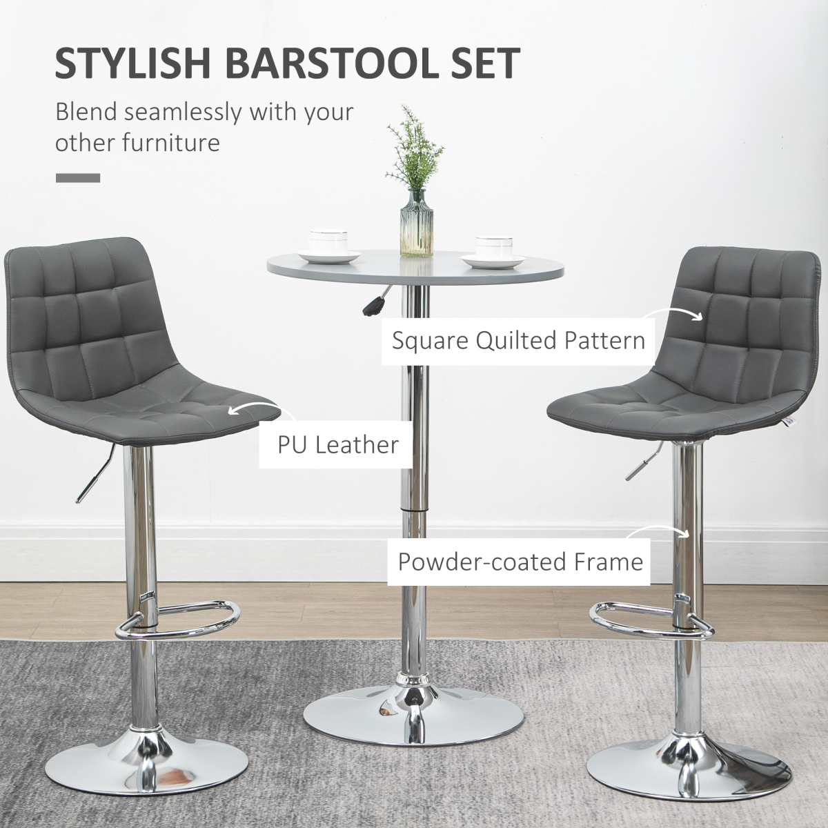 HOMCOM Set of 2 Adjustable Swivel Breakfast Bar Stools with Footrest – Soft Grey Upholstery