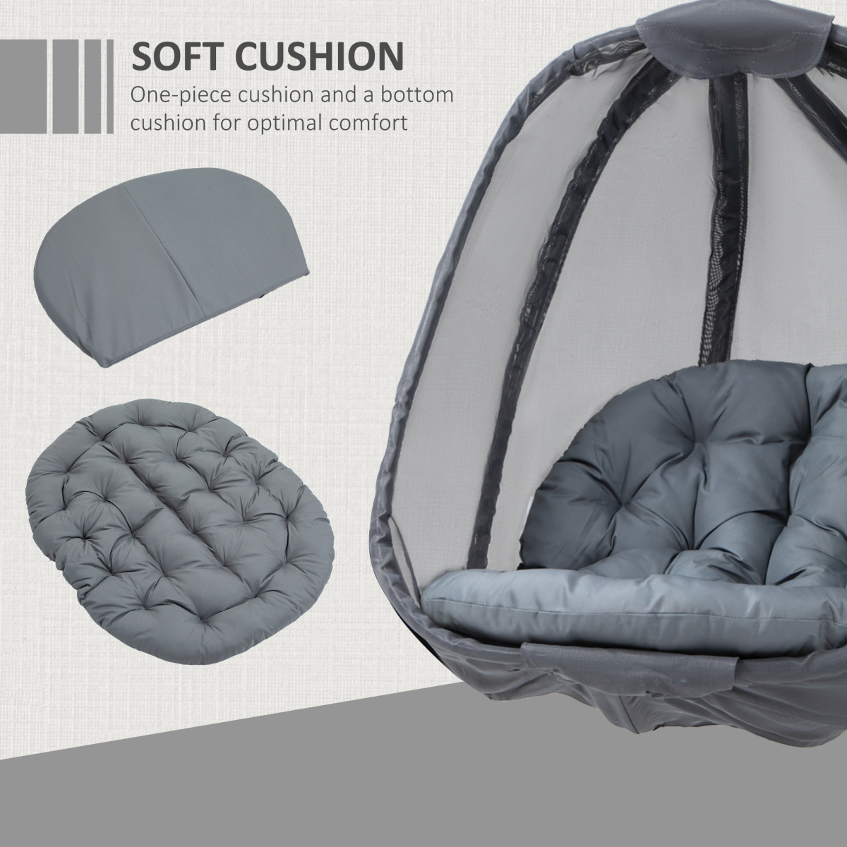 Outsunny Folding Hanging Egg Chair with Cushion, Stand & Pocket – Indoor Outdoor Swing Seat, Grey