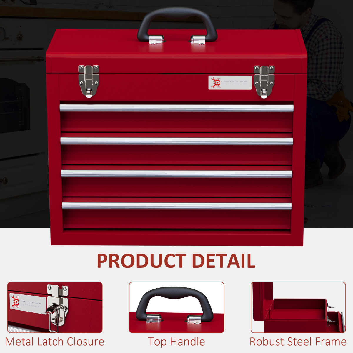 DURHAND Lockable 4-Drawer Steel Tool Chest with Ball Bearing Slides and Top Compartment, Red
