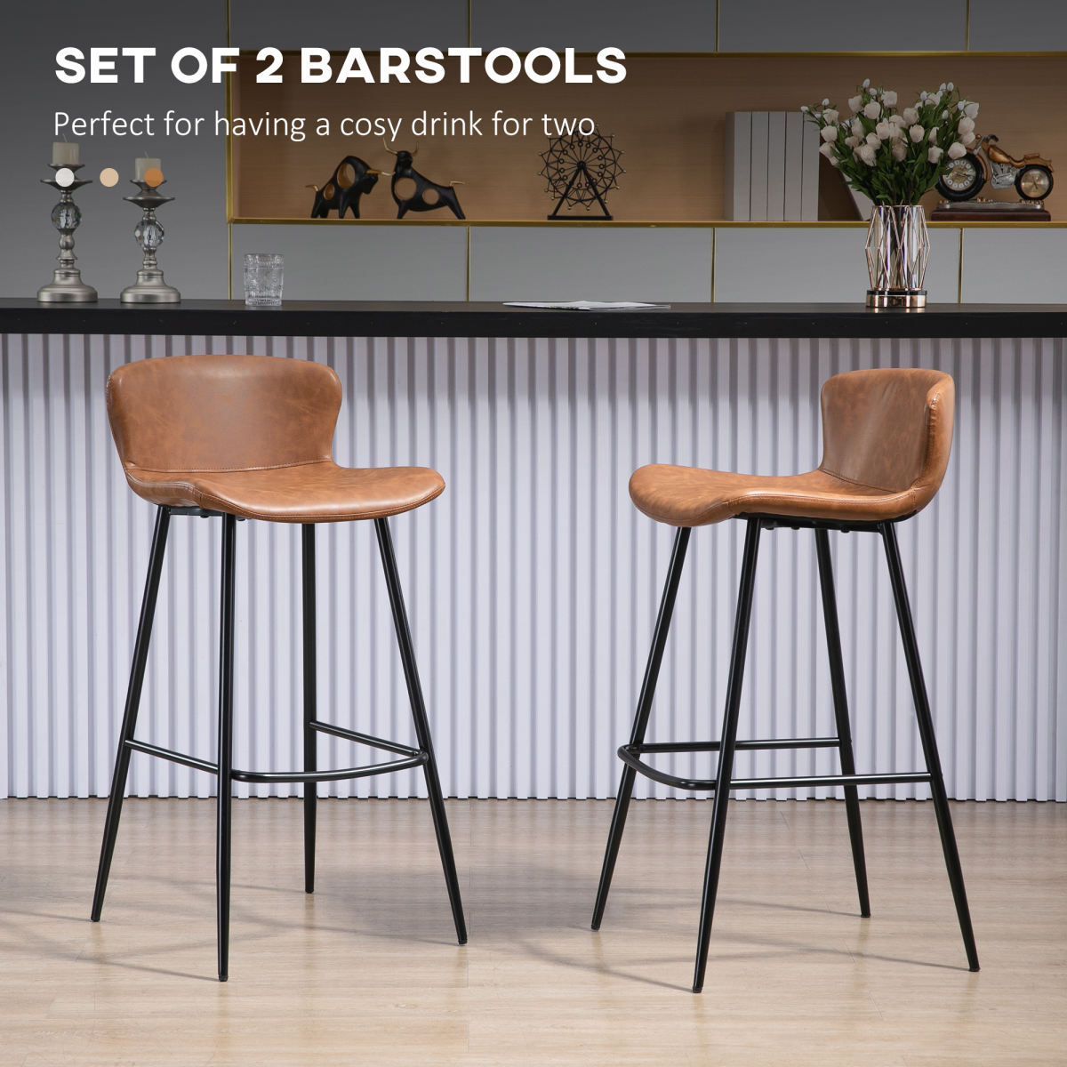 HOMCOM Set of 2 Retro Bar Stools with Back, Footrest & Steel Legs – PU Leather Bar Chairs