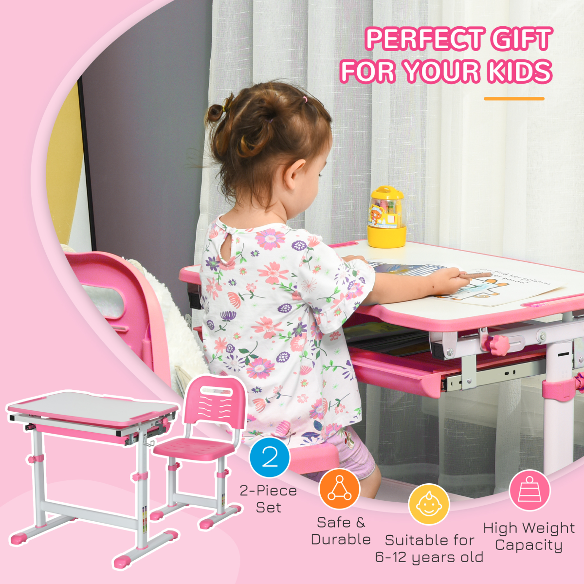 HOMCOM Kids Desk and Chair Set with Height-Adjustable Table, Drawer, Pen Slot & Hook – Study Desk, Pink