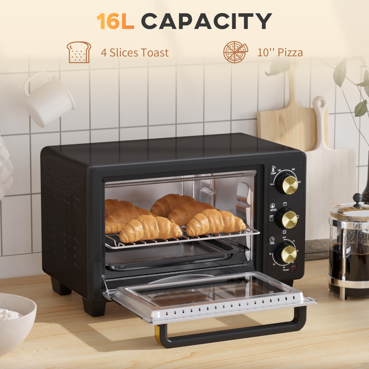 HOMCOM 16L Countertop Mini Oven with Adjustable Temp & Timer, 1400W – Compact Bake, Toast and Grill, Black