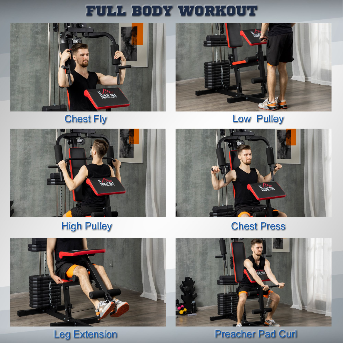 HOMCOM Multi Home Gym Machine with 66kg Weights, Lat Pull Down & Chest Press – Full Body Strength Trainer, Red