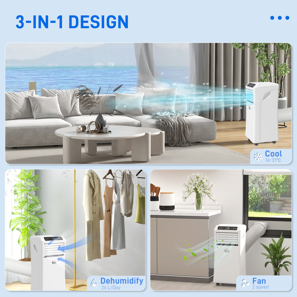 HOMCOM 1080W Portable Air Conditioner with Remote Control, Sleep Mode & Wheels – 3-in-1 Cooling, White