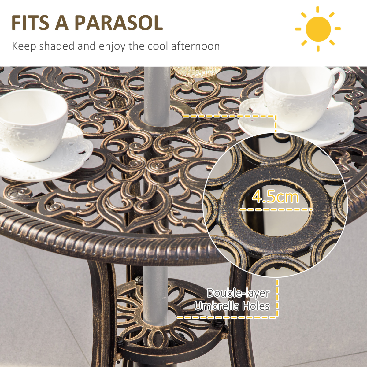 Outsunny 3-Piece Cast Aluminium Garden Bistro Set with Cushions & Parasol Hole – Table and 2 Chairs, Bronze