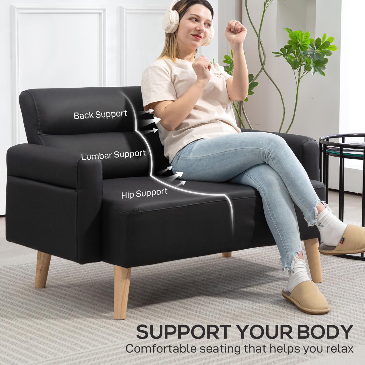 HOMCOM 2-Seater Faux Leather Sofa with Solid Wooden Legs – Compact Settee for Small Spaces and Offices