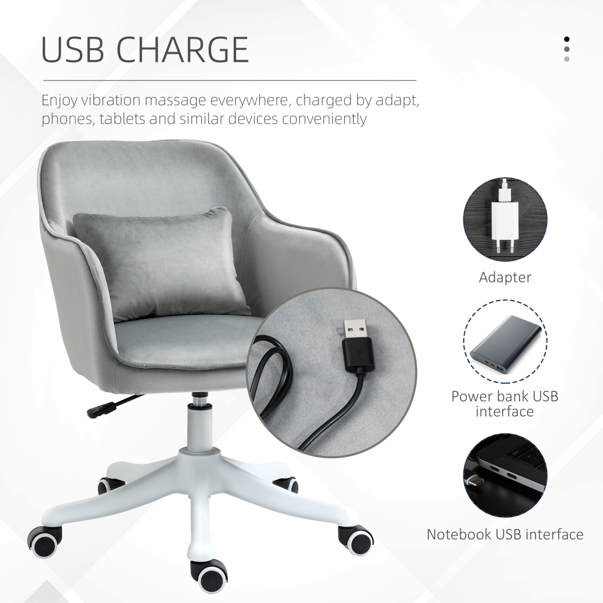 Vinsetto Tub Office Chair with Rechargeable Massage Lumbar Pillow – Velvet-Feel Swivel Desk Chair