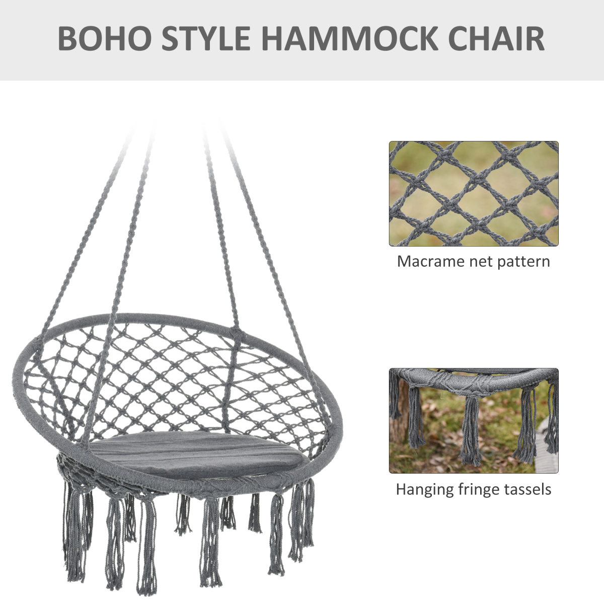 Outsunny Macrame Hanging Chair Swing Hammock with Padded Cushion & Backrest – Indoor Outdoor Hanging Seat, Grey