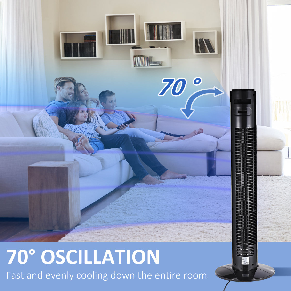 HOMCOM Freestanding Tower Fan with Oscillation, Multiple Speeds & Timer – 96cm Slim Cooling Fan, Black