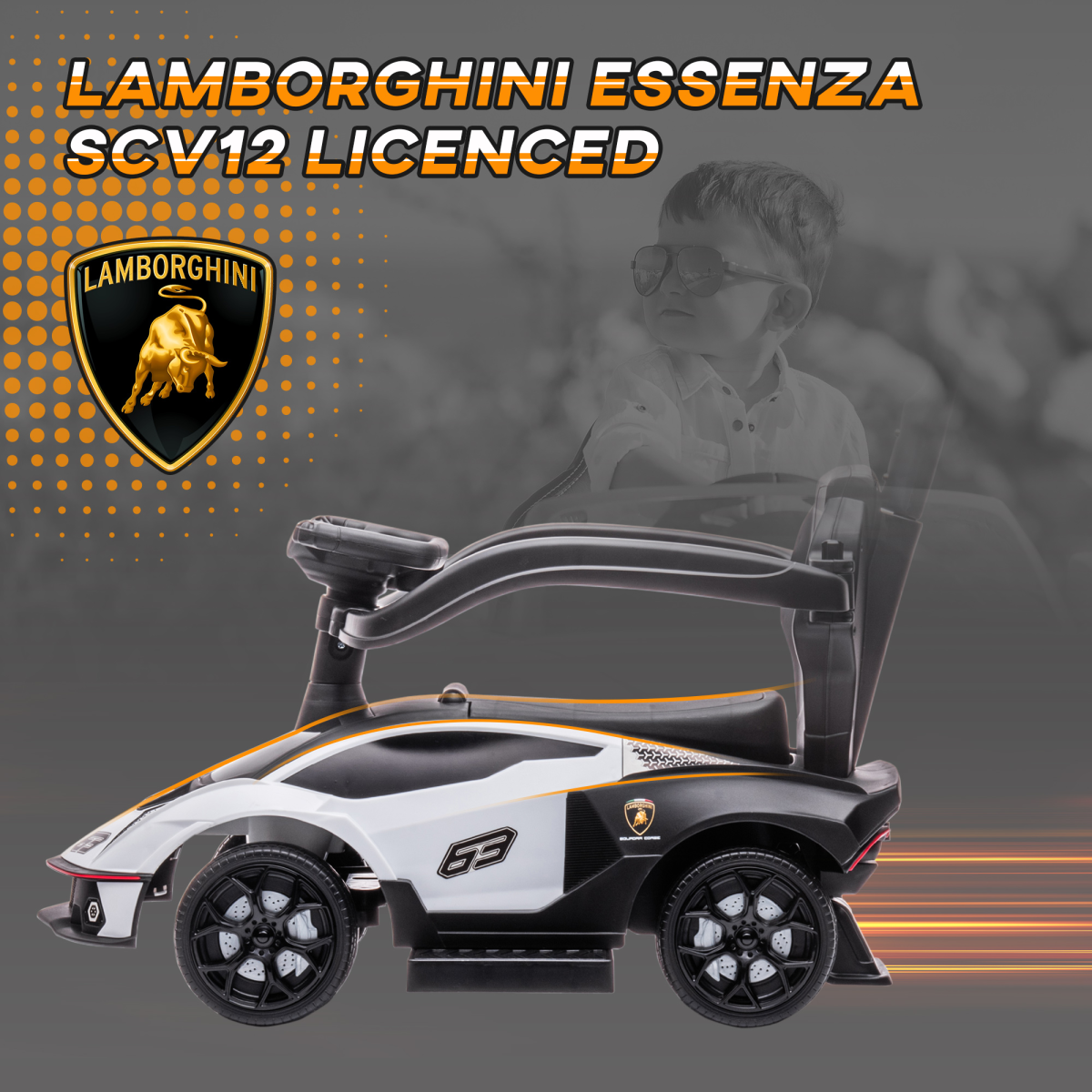 HOMCOM Lamborghini Essenza SCV12 2-in-1 Baby Ride-On Push Car with Horn & Storage – Toddler Push Along, White