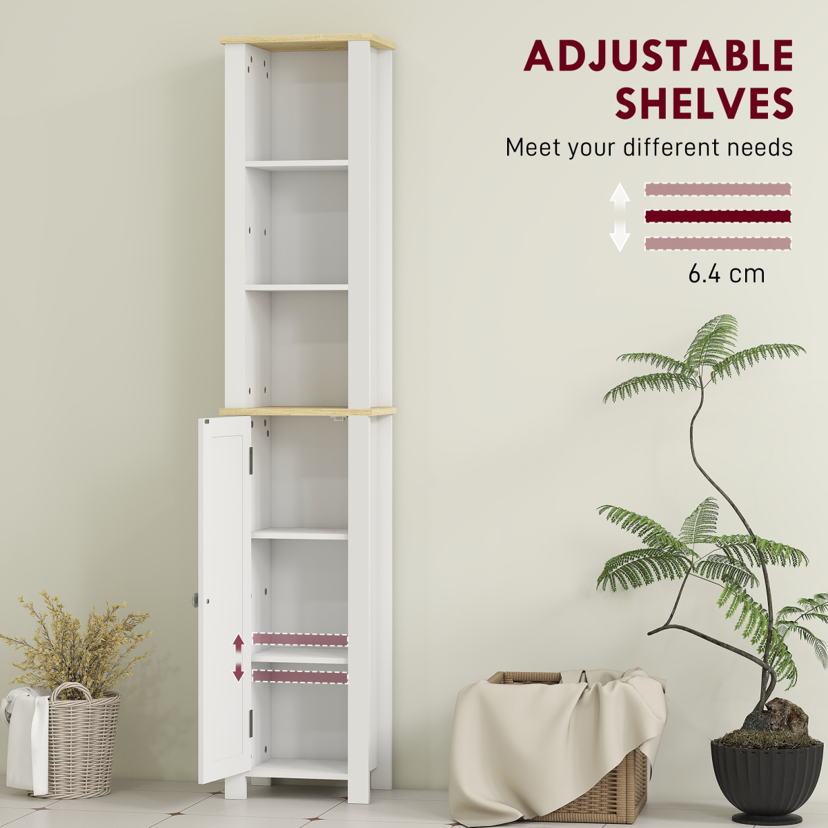 kleankin Slim Bathroom Storage Unit with Open Compartment and Adjustable Shelf – Narrow Cabinet, White