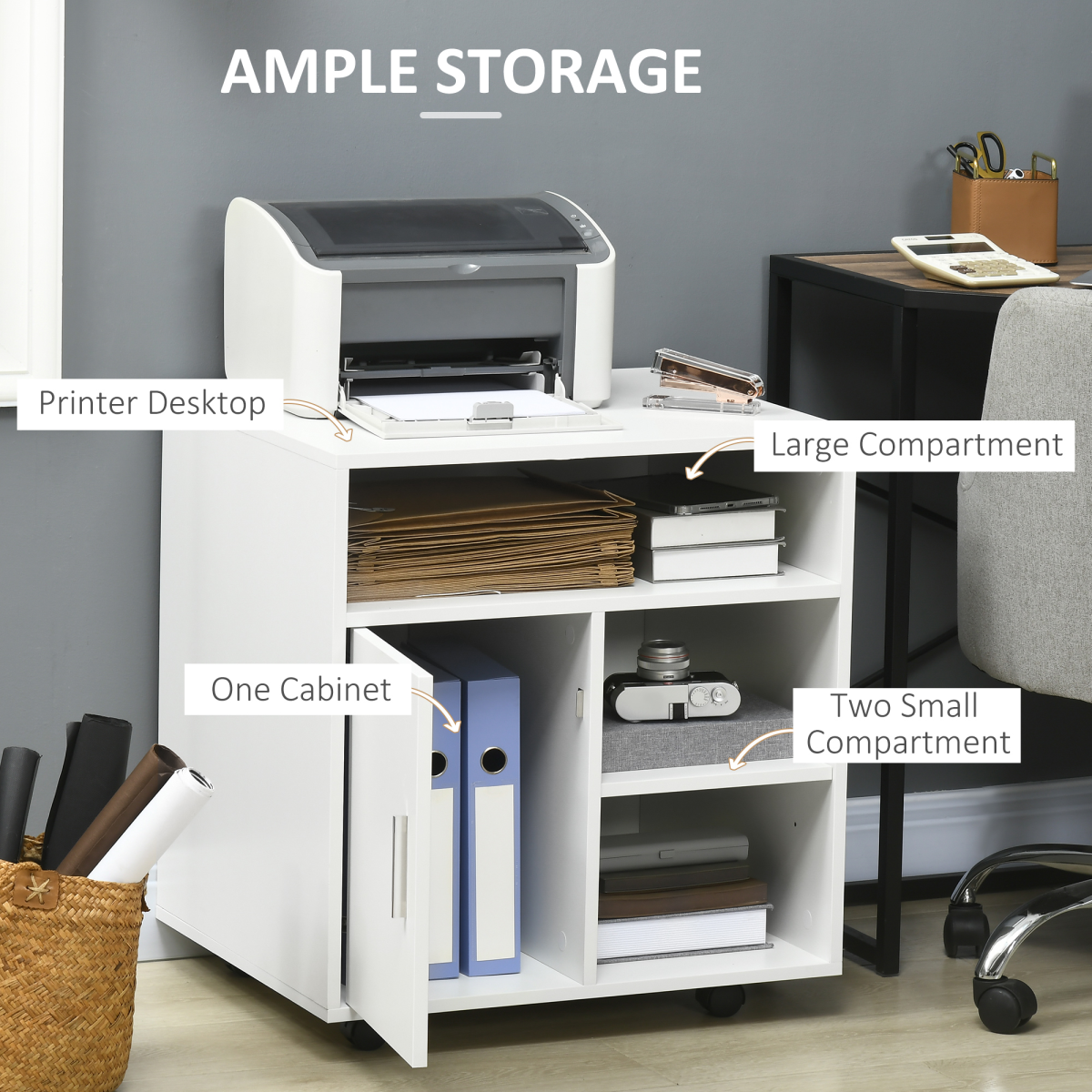 HOMCOM Multi-Storage Printer Unit with 5 Compartments and Lockable Wheels – Mobile Office Organiser, White