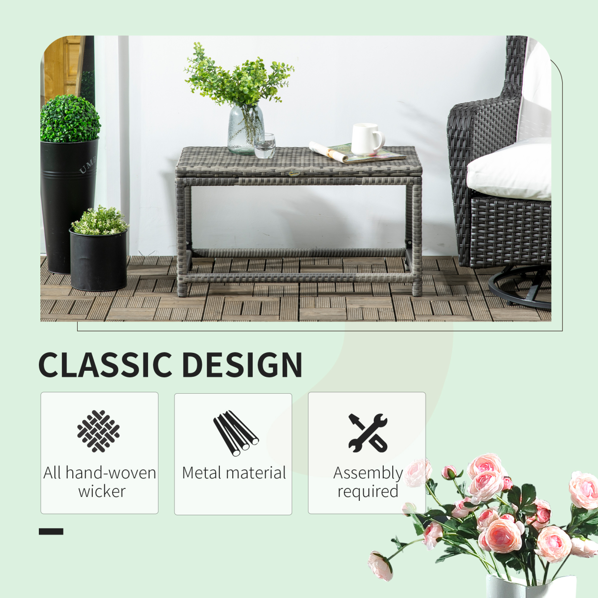 Outsunny Outdoor Coffee Table with Steel Frame & Woven Rattan-Effect Top – Garden Side Table, Grey