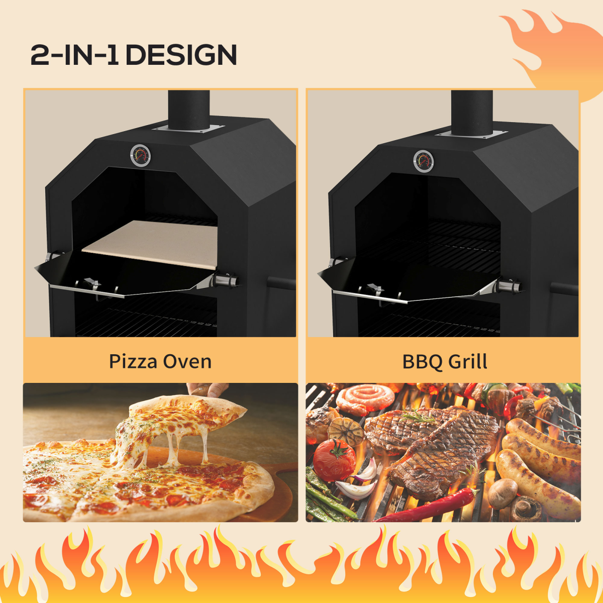 Outsunny Charcoal Pizza Oven Grill with Rain Cover, Thermometer, Wheels & Storage Shelf – Outdoor Garden Cooking, Black