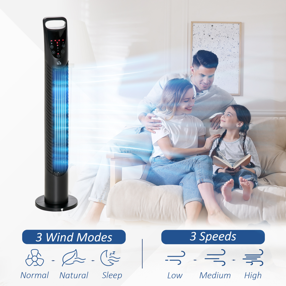 HOMCOM 40W Quiet Oscillating Tower Fan with Adjustable Speed & Remote Control – Black