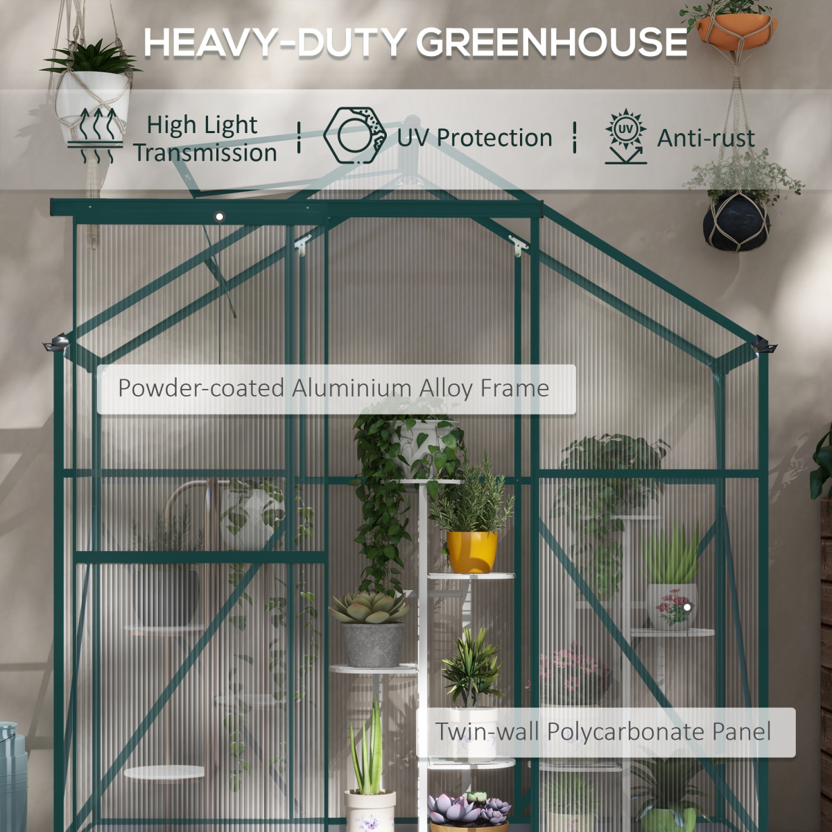 Outsunny 6 x 2.5ft Polycarbonate Greenhouse with Aluminium Frame & Sliding Door – Adjustable Vent, Green