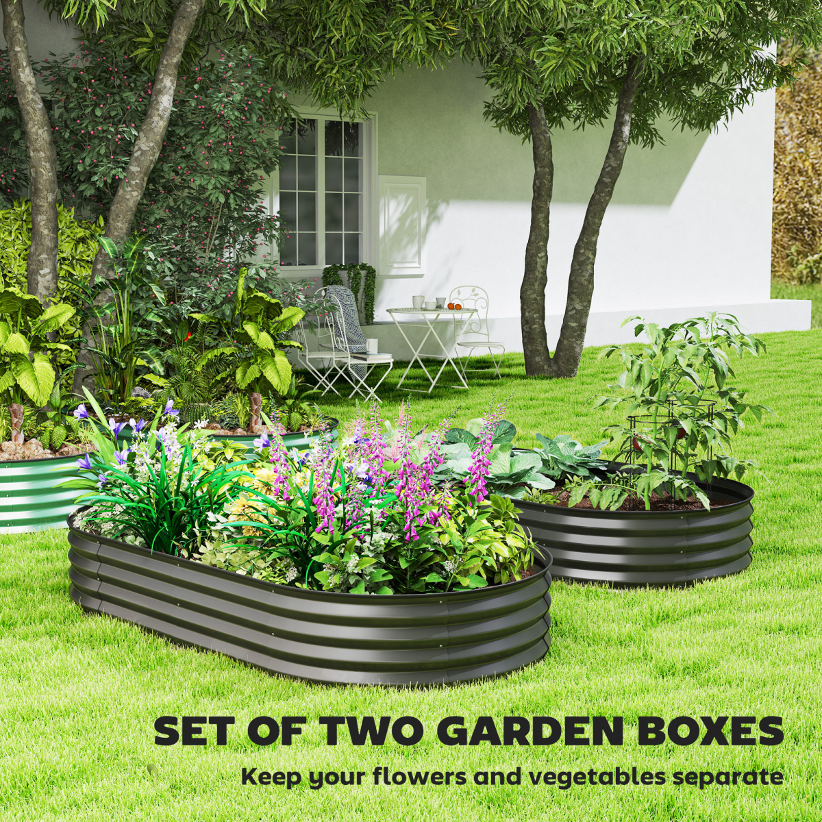 Outsunny Set of 2 Galvanised Steel Raised Garden Beds with Open Bottoms – Outdoor Planters, Dark Grey